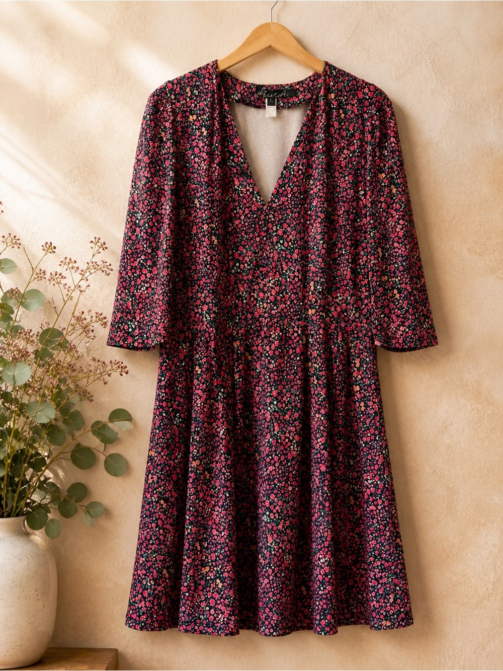 Anthropologie Hutch Floral Mini Dress Pink Black V-neck Fit Flare Mini Romantic